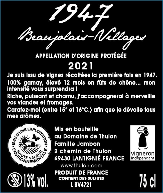 DOMAINE DE THULON 1947 CONTRE ETIQUETTE