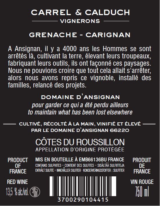 LES PETITES GRAPPES DOMAINE D'ansignan contre étiquette