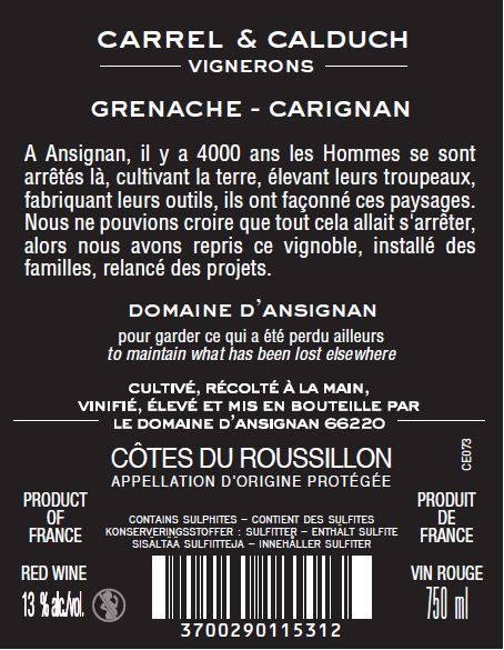 LES PETITES GRAPPES DOMAINE D'ansignan contre étiquette