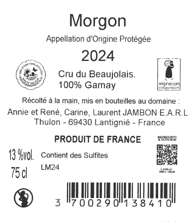 DOMAINE DE THULON ROUGE REGNIE CONTRE ETIQUETTE
